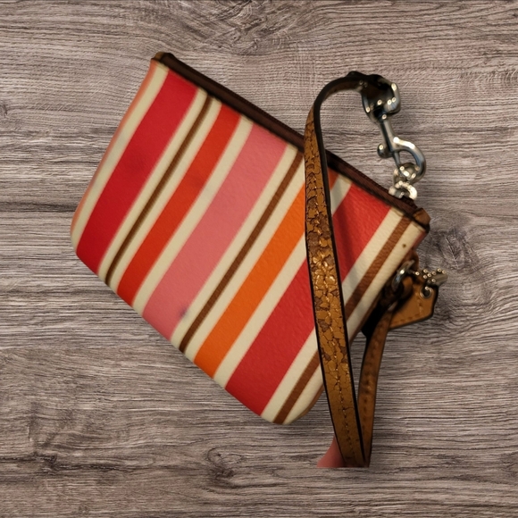 Coach Striped Wristlet In Bright Pink, Orange, and Red